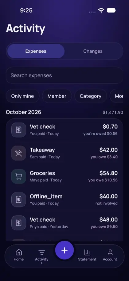 Activity list in dark mode