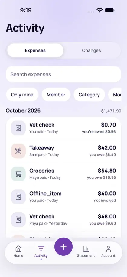 The activity list showing who paid and who owes for each expense