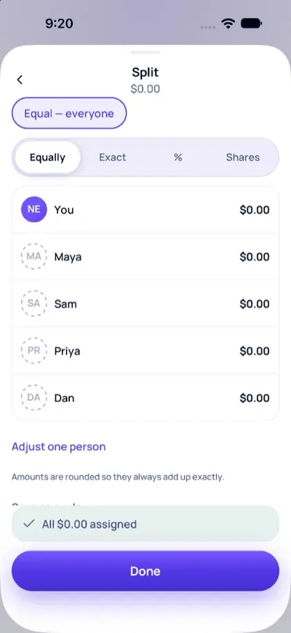 The split screen with equal, exact, percent and shares options